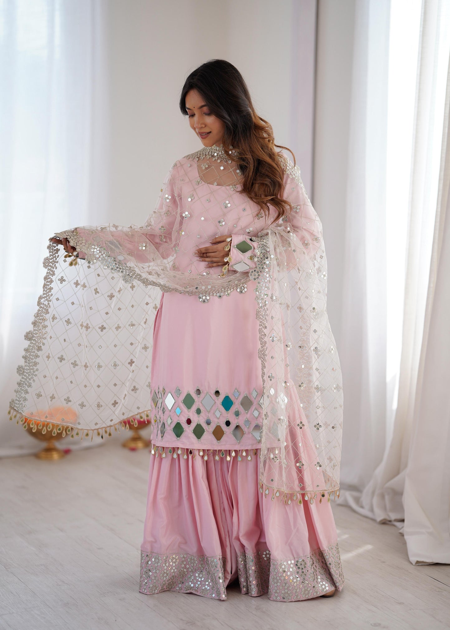 Premium French crep Embroidery Thread Detailing With Real Mirror top & palzzo set
