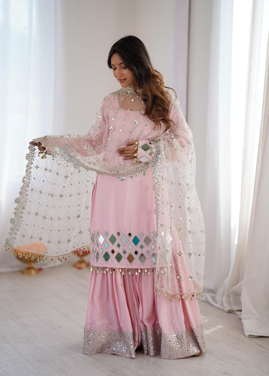 Premium French crep Embroidery Thread Detailing With Real Mirror top & palzzo set