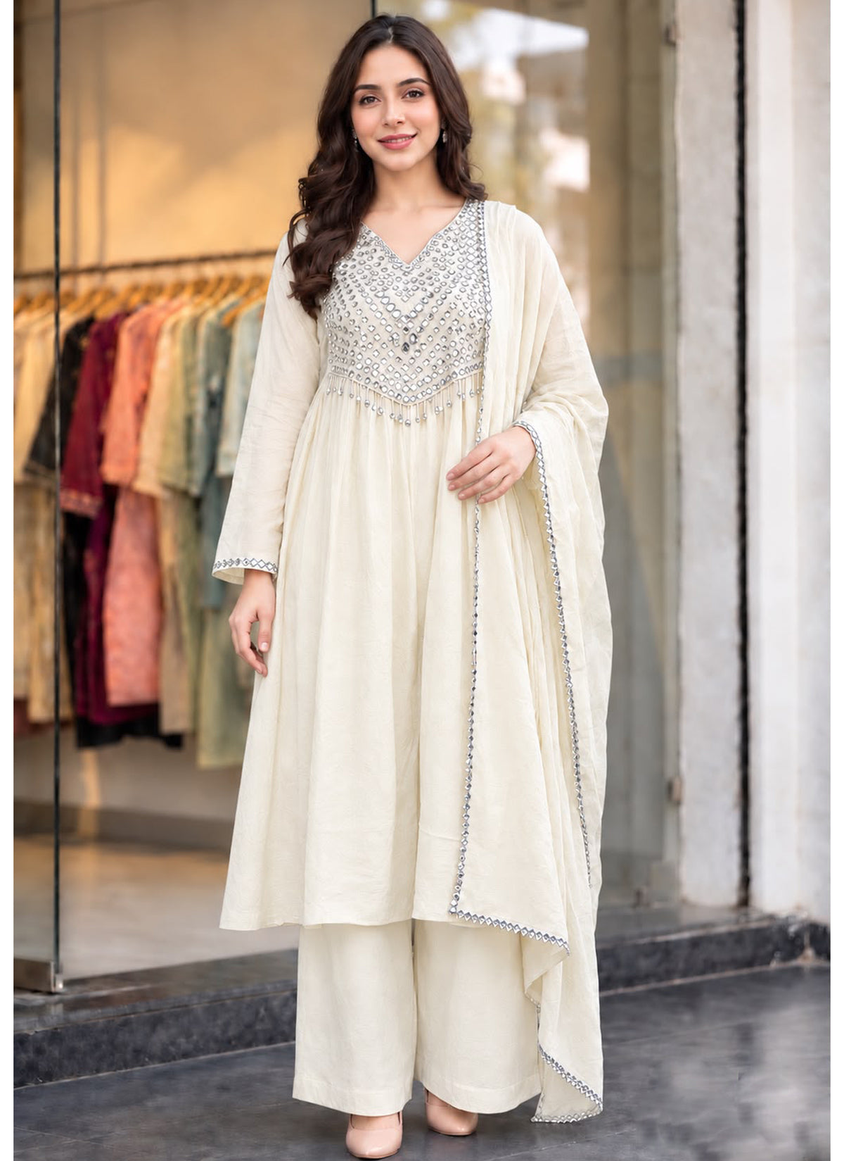 White Crush Silk Ready-to-Wear Anarkali Set with Matching Dupatta