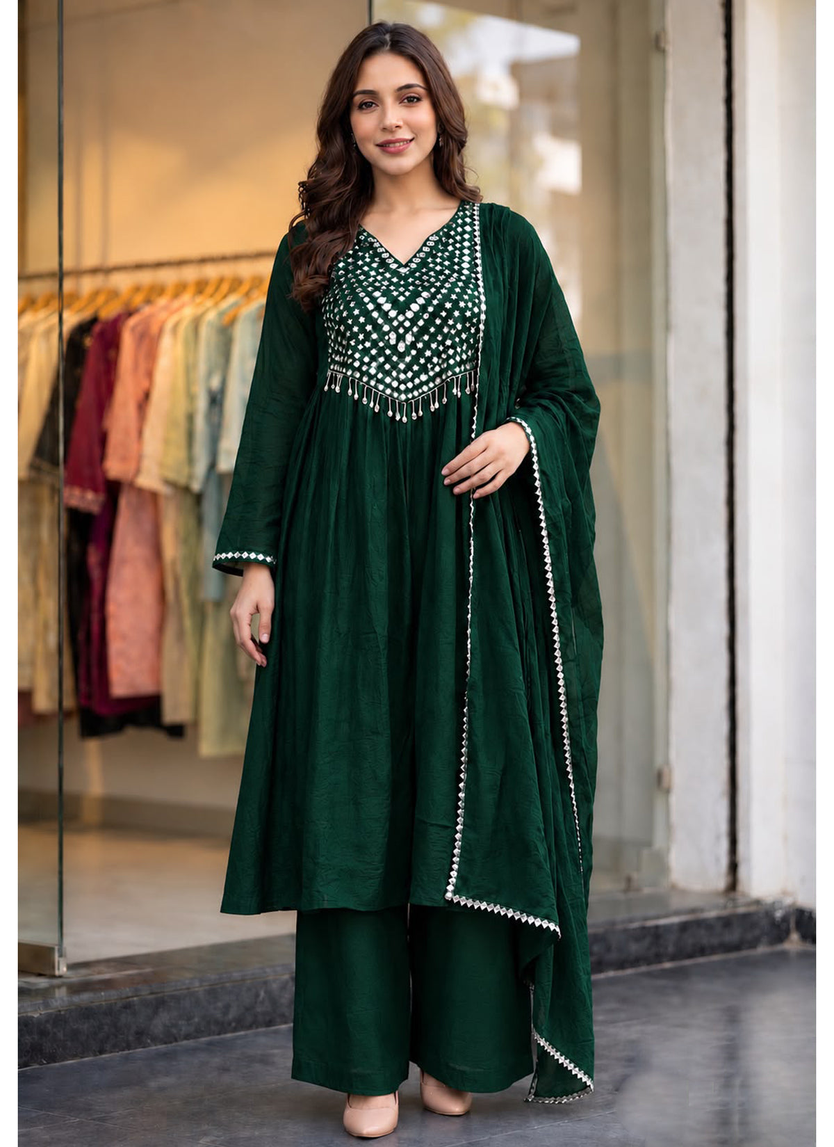 Green Crush Silk Ready-to-Wear Anarkali Set with Matching Dupatta