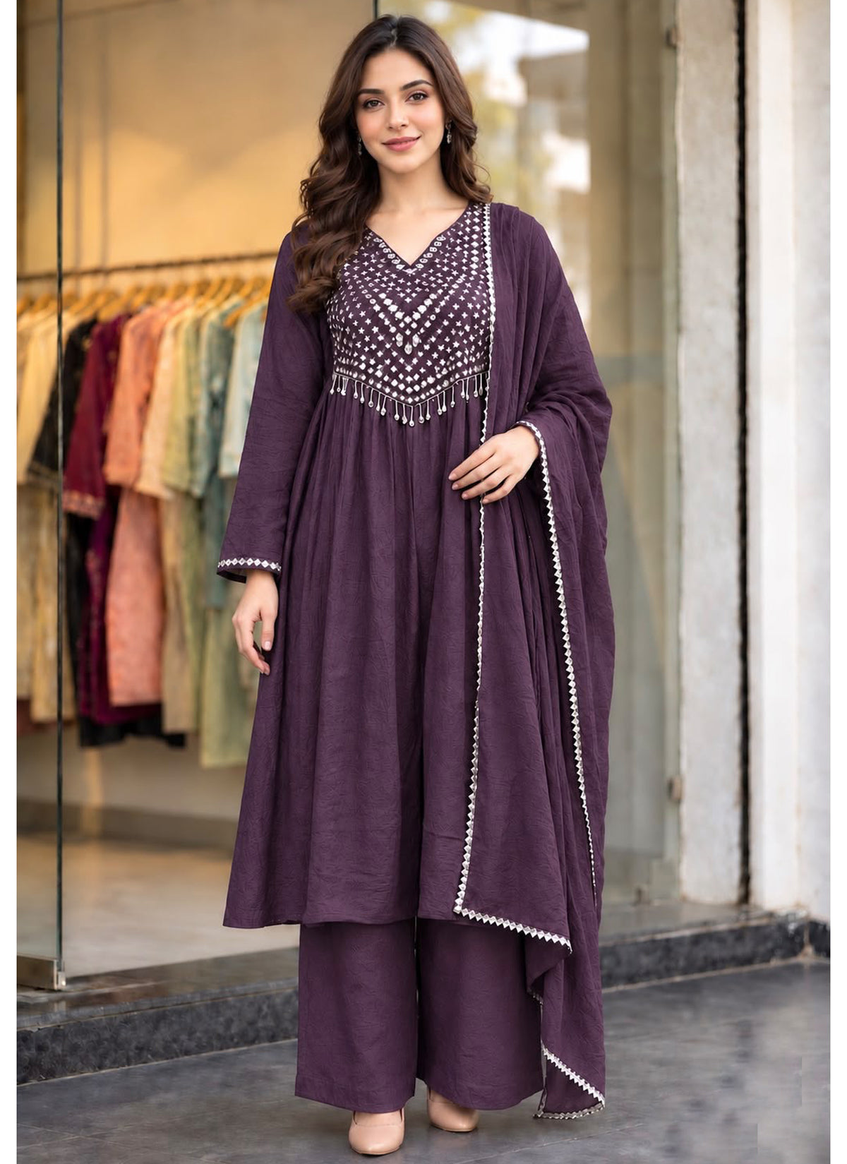 Wine Crush Silk Ready-to-Wear Anarkali Set with Matching Dupatta