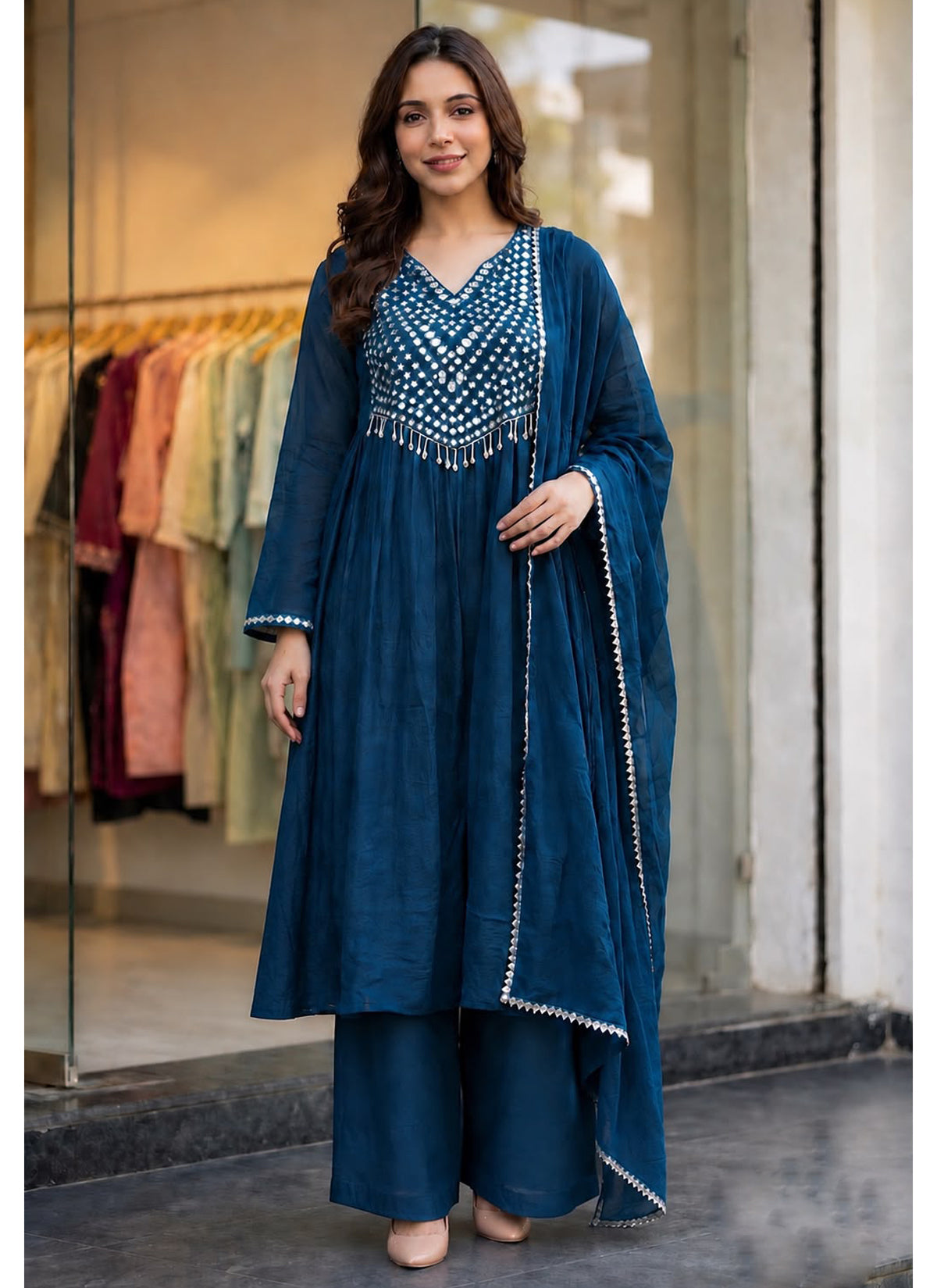 Navy Blue Crush Silk Ready-to-Wear Anarkali Set with Matching Dupatta