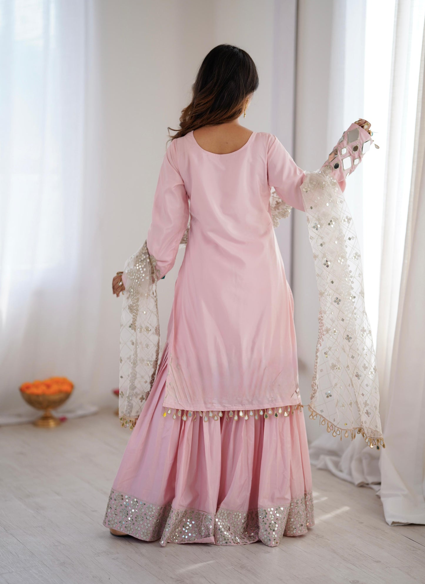 Premium French crep Embroidery Thread Detailing With Real Mirror top & palzzo set