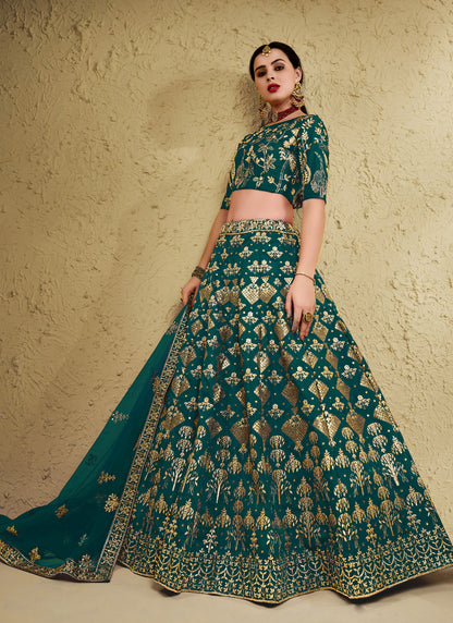 Green Art Silk With Zari & Sequins Embroidered Designer Lehenga Choli
