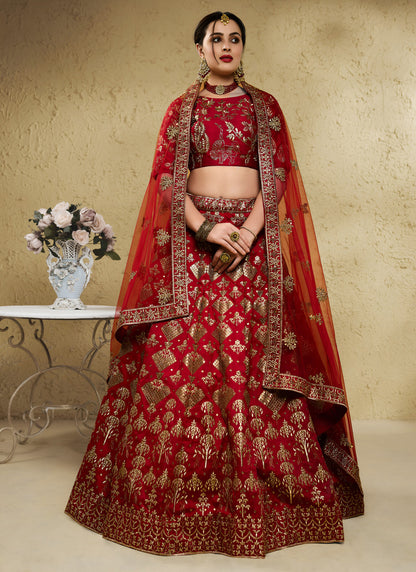 Dark Red Art Silk With Zari & Sequins Embroidered Designer Lehenga Choli