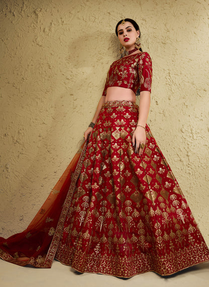 Dark Red Art Silk With Zari & Sequins Embroidered Designer Lehenga Choli