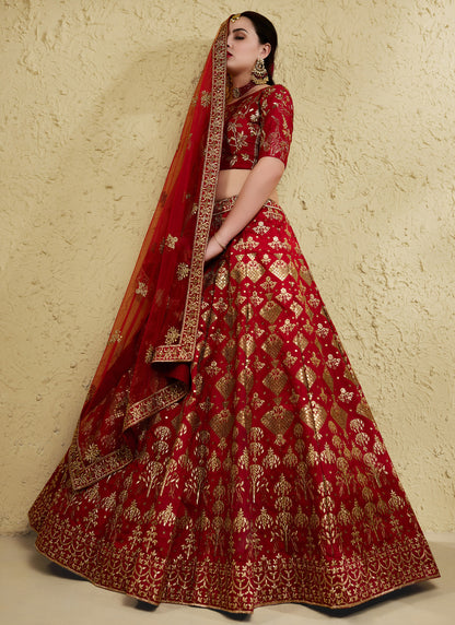 Dark Red Art Silk With Zari & Sequins Embroidered Designer Lehenga Choli