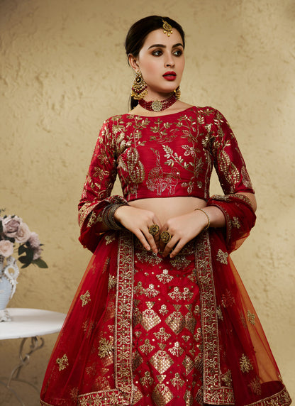 Dark Red Art Silk With Zari & Sequins Embroidered Designer Lehenga Choli