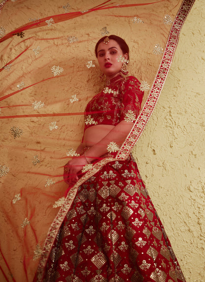 Dark Red Art Silk With Zari & Sequins Embroidered Designer Lehenga Choli