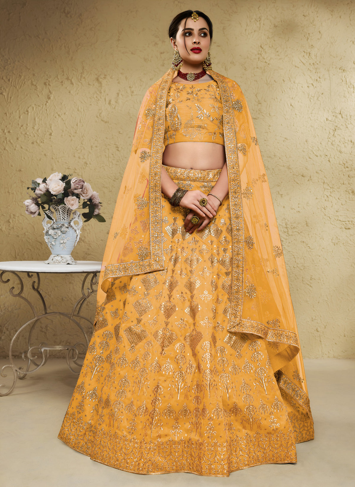 Mustard Yellow Zari & Sequins Embroidered Designer Lehenga Choli