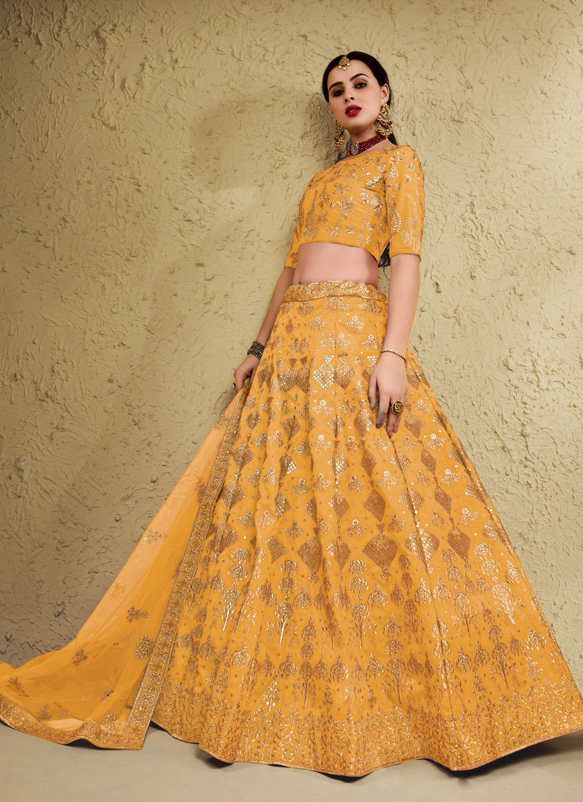 Mustard Yellow Zari & Sequins Embroidered Designer Lehenga Choli