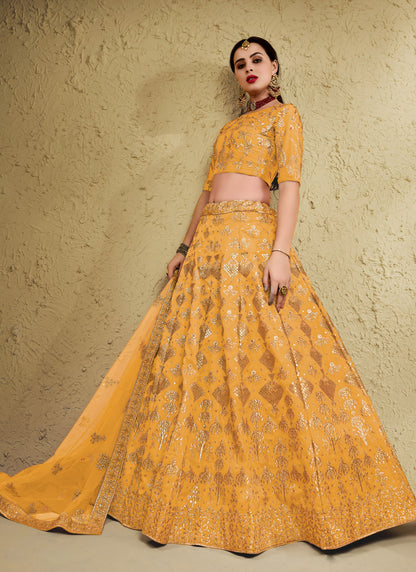 Mustard Yellow Zari & Sequins Embroidered Designer Lehenga Choli