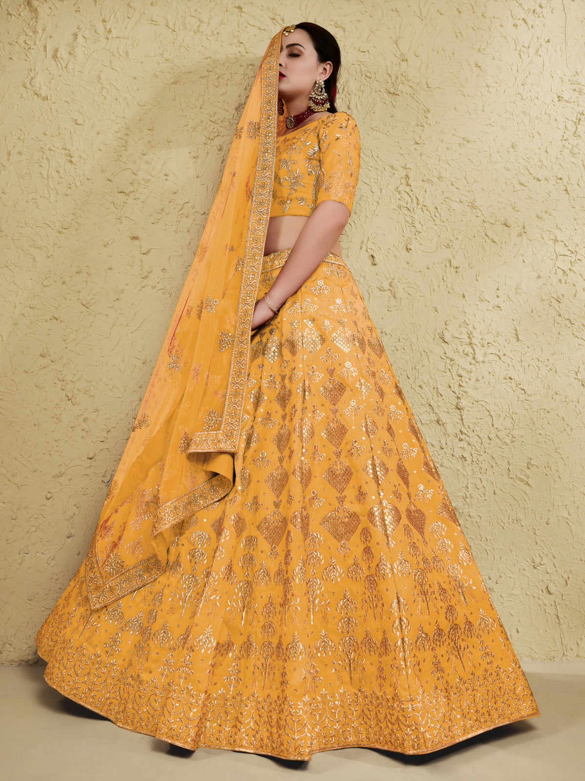 Mustard Yellow Zari & Sequins Embroidered Designer Lehenga Choli