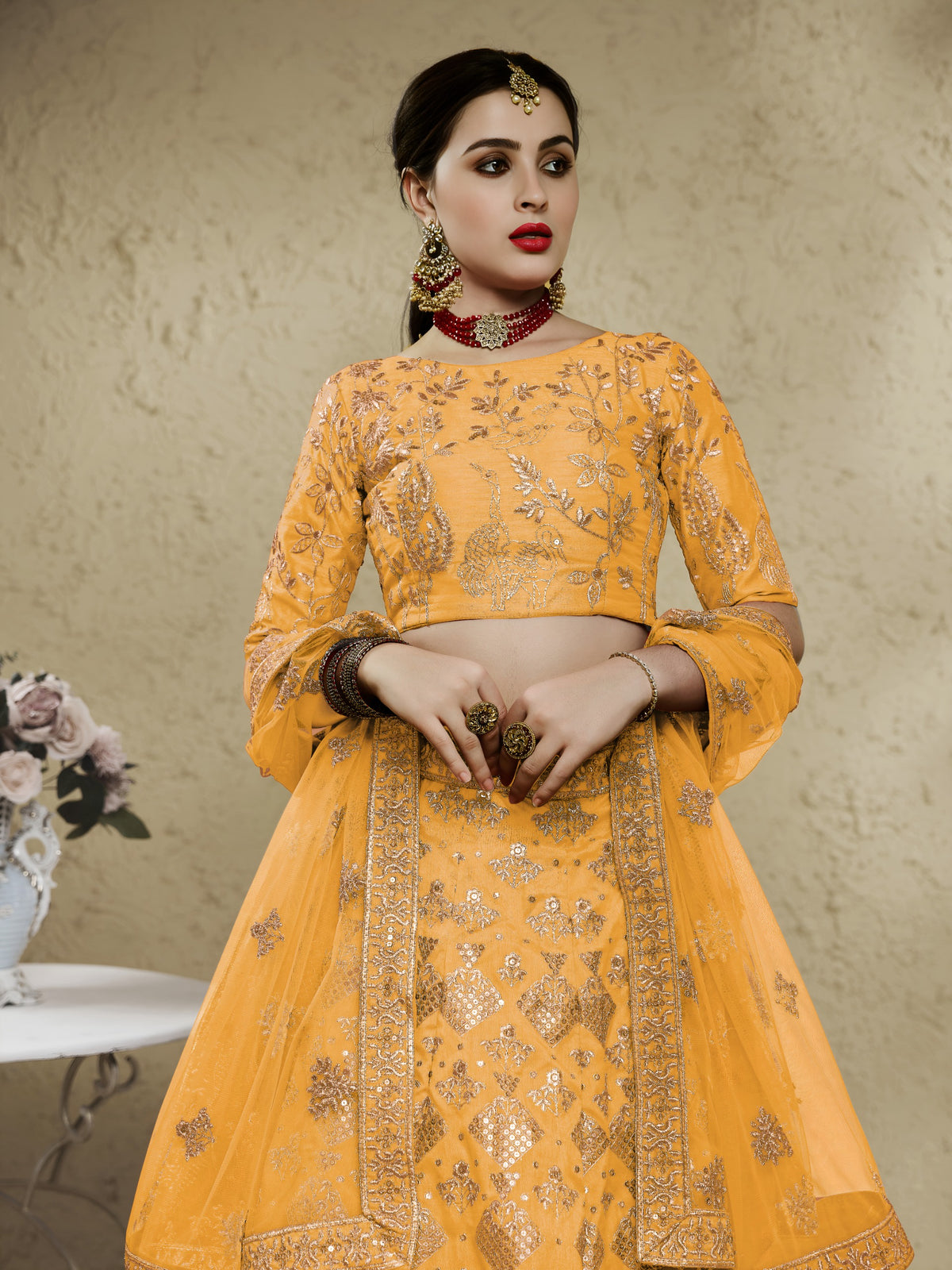 Mustard Yellow Zari & Sequins Embroidered Designer Lehenga Choli