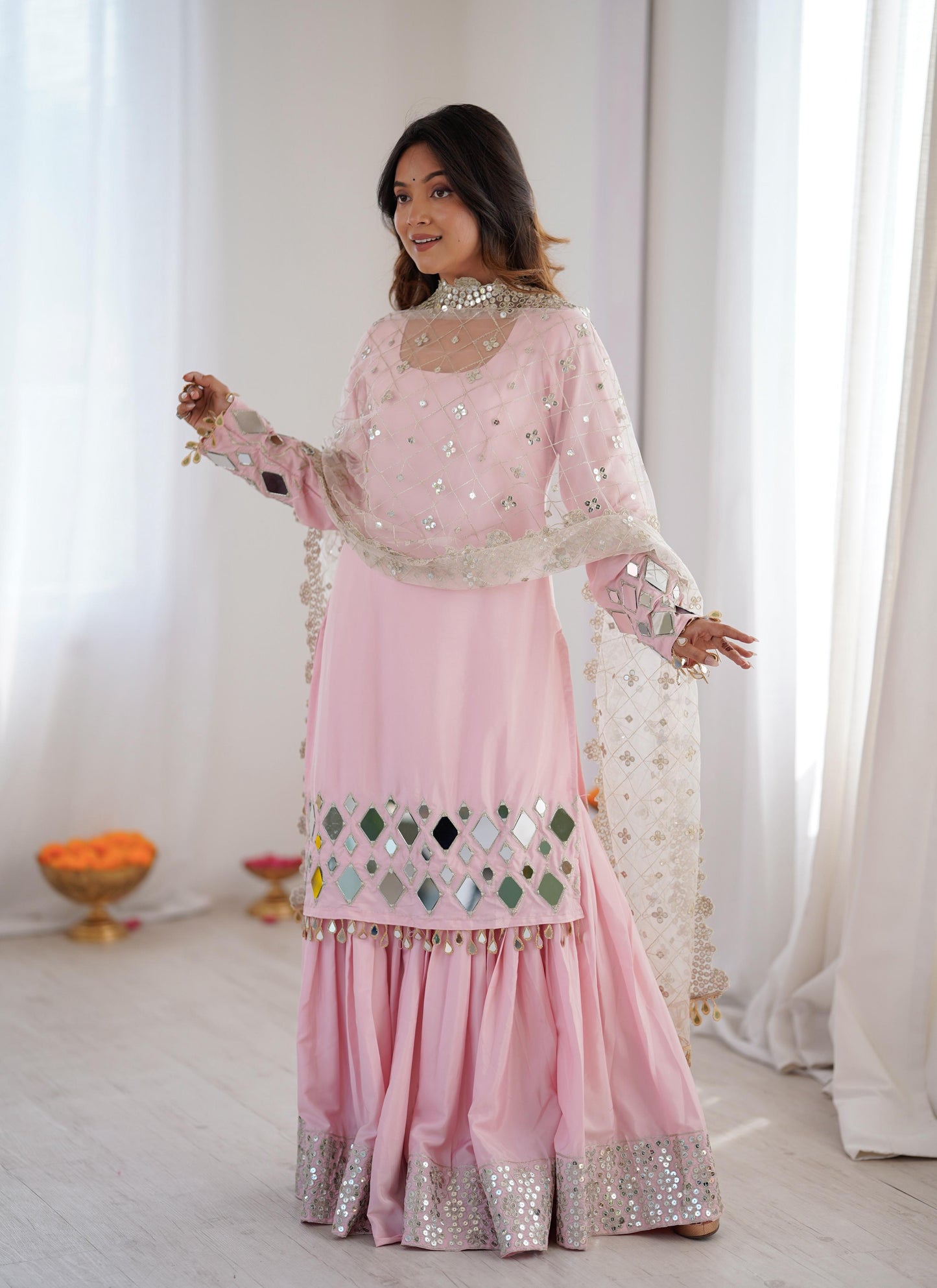 Premium French crep Embroidery Thread Detailing With Real Mirror top & palzzo set