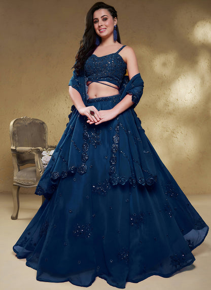 Blue Georgette Embroidered Designer Semi-Stitched Lehenga Choli with Dupatta