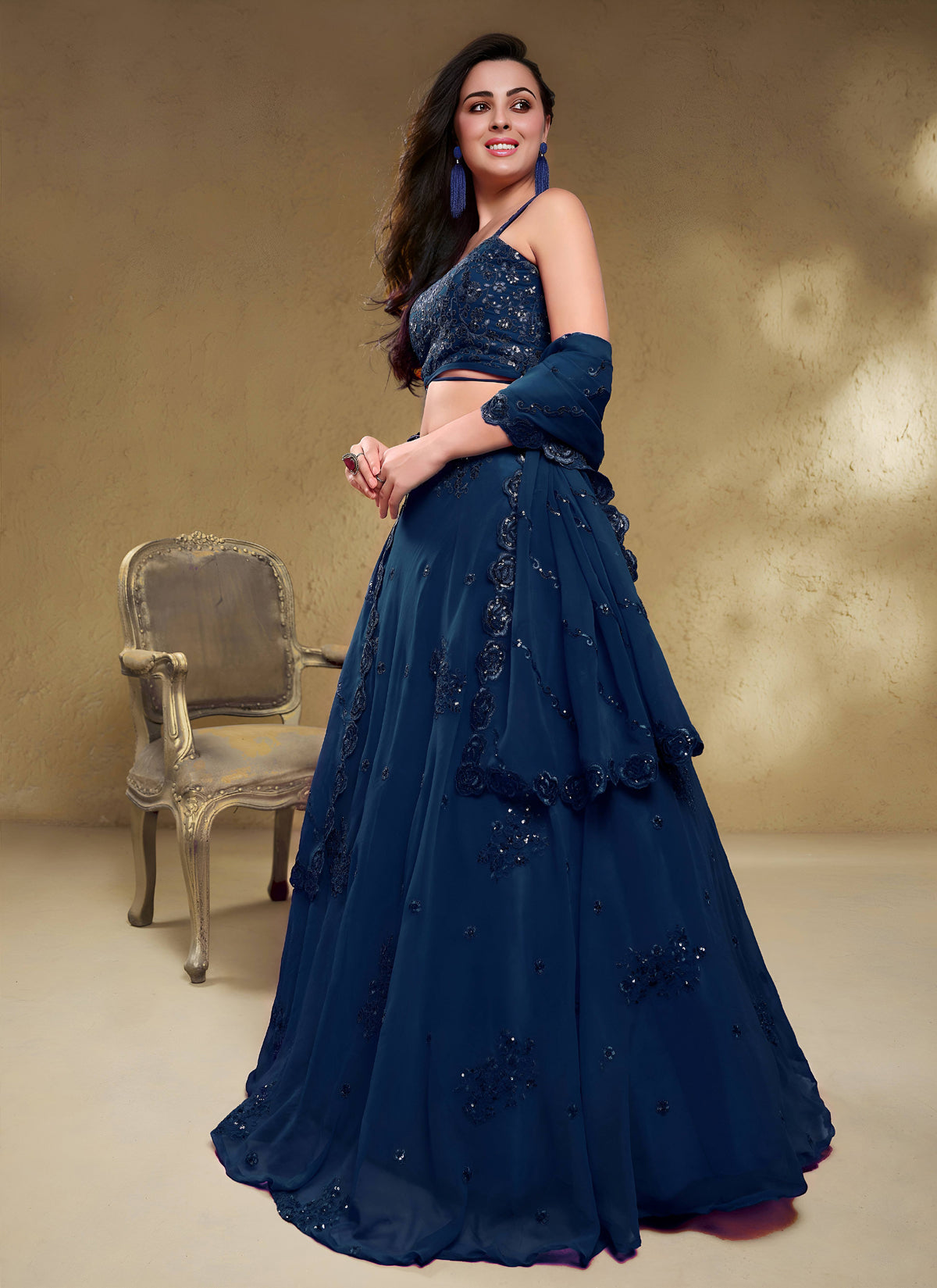 Blue Georgette Embroidered Designer Semi-Stitched Lehenga Choli with Dupatta