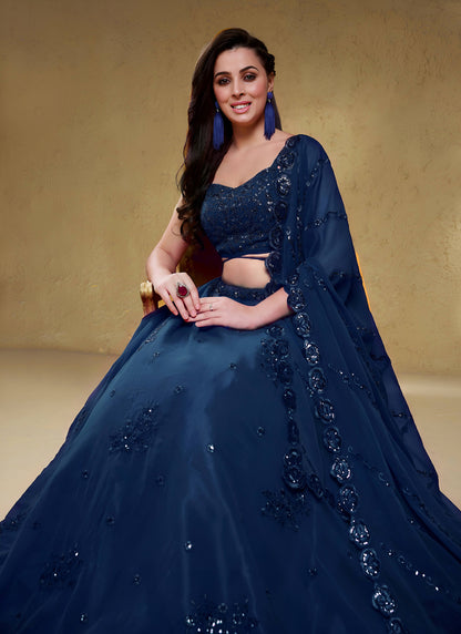 Blue Georgette Embroidered Designer Semi-Stitched Lehenga Choli with Dupatta