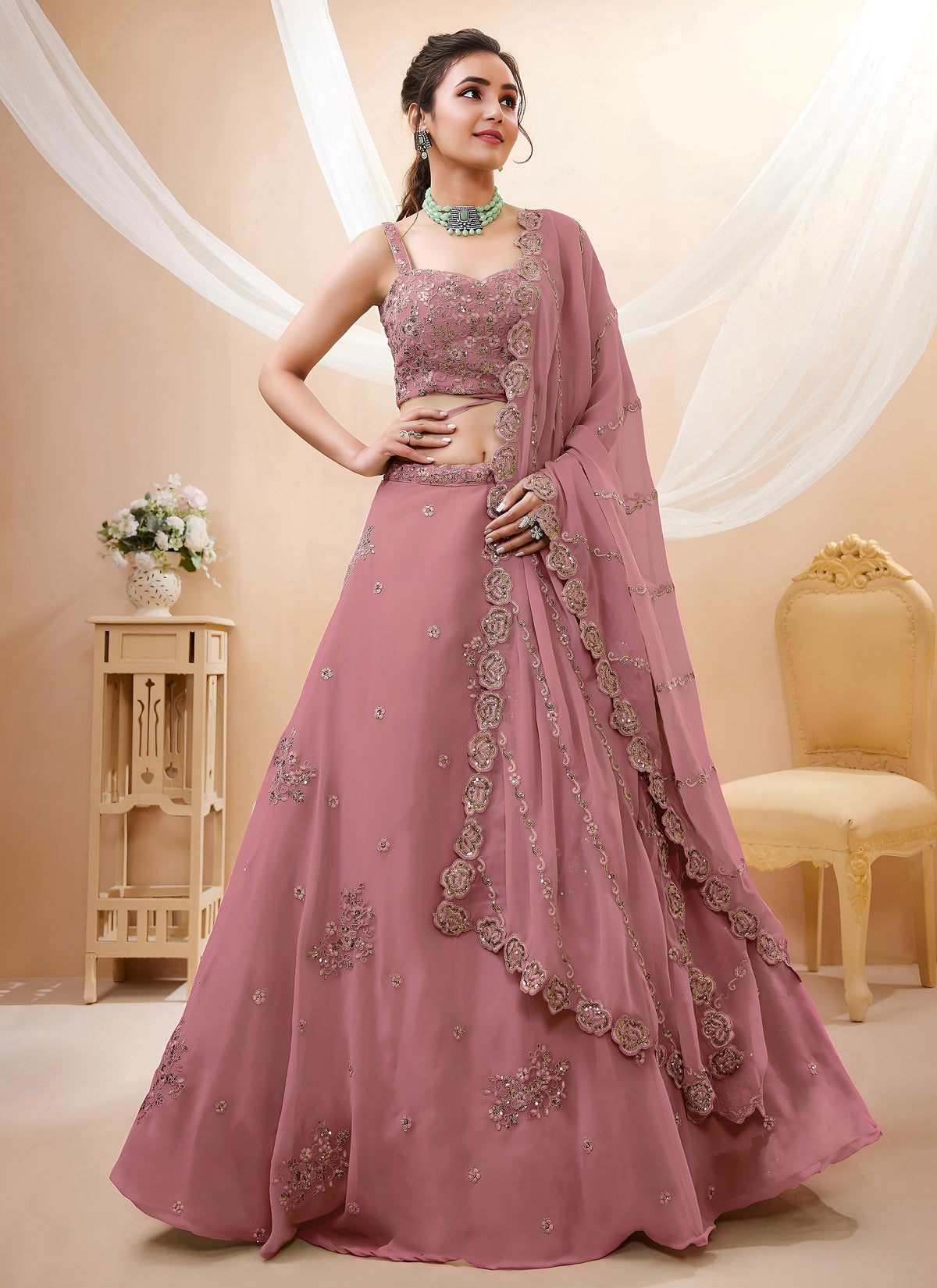 Peach Georgette Embroidered Designer Semi-Stitched Lehenga Choli with Dupatta