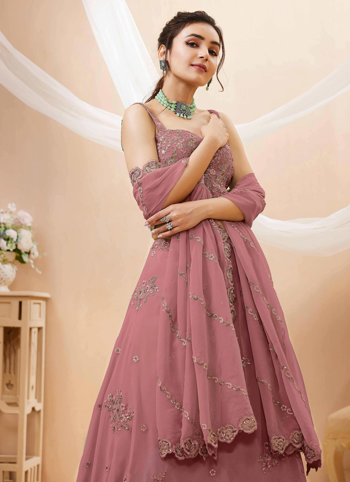 Peach Georgette Embroidered Designer Semi-Stitched Lehenga Choli with Dupatta