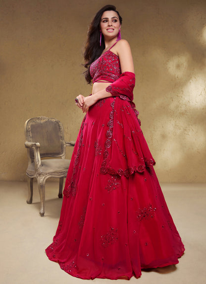 Pink Georgette Embroidered Designer Semi-Stitched Lehenga Choli with Dupatta