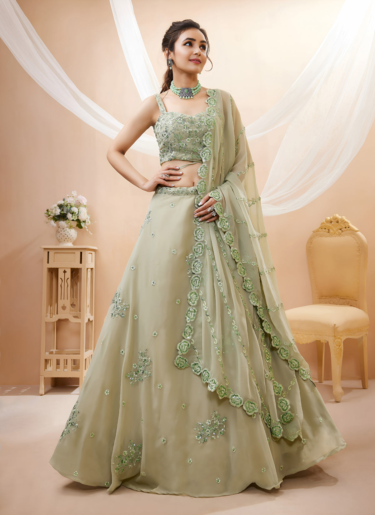 Pista Georgette Embroidered Designer Semi-Stitched Lehenga Choli with Dupatta