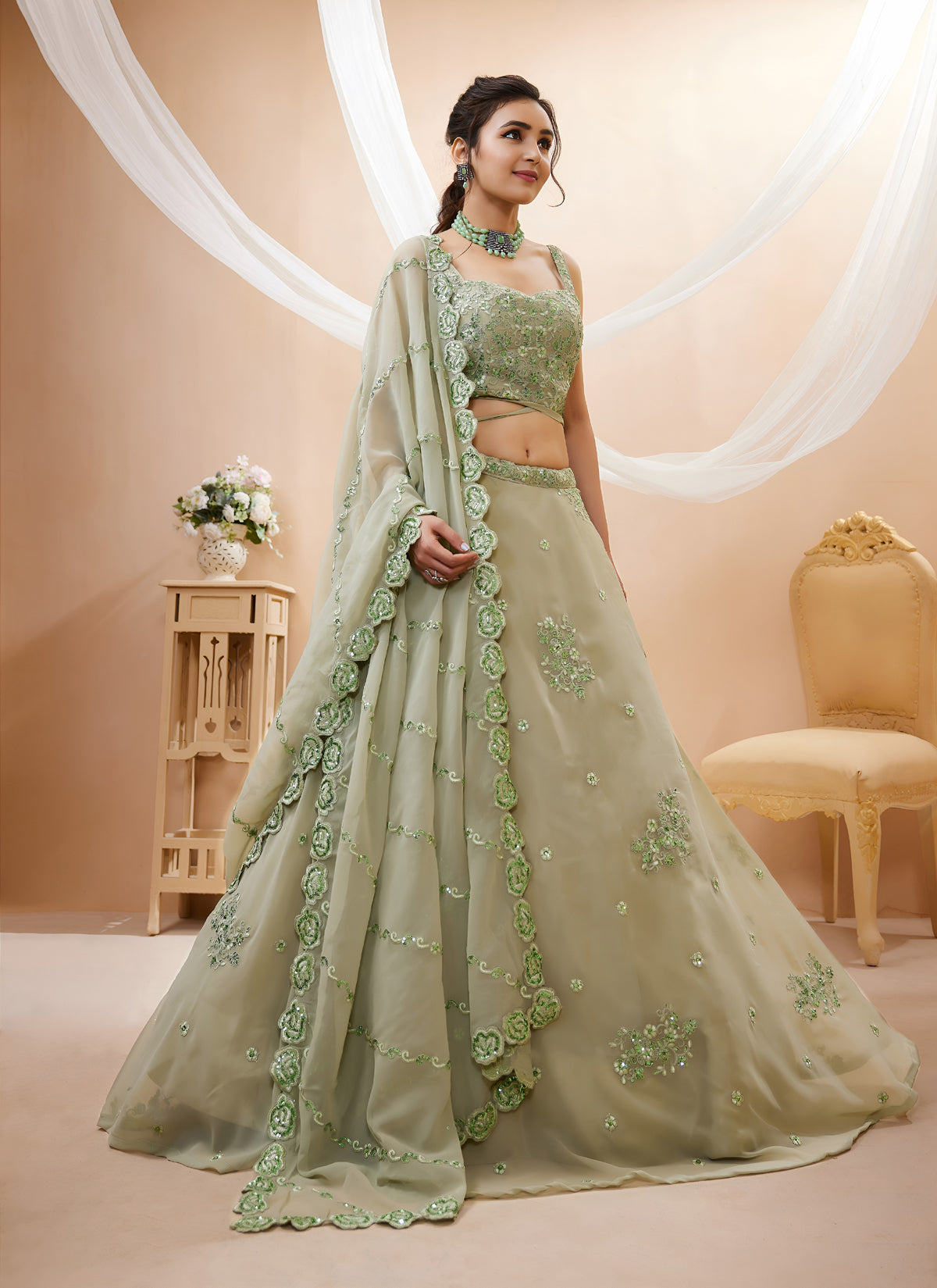 Pista Georgette Embroidered Designer Semi-Stitched Lehenga Choli with Dupatta