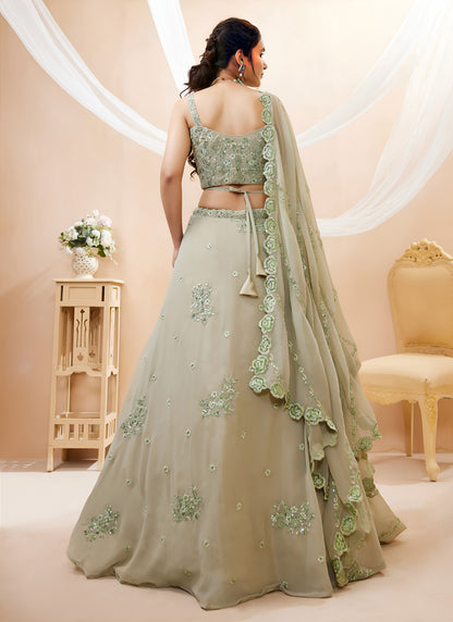 Pista Georgette Embroidered Designer Semi-Stitched Lehenga Choli with Dupatta