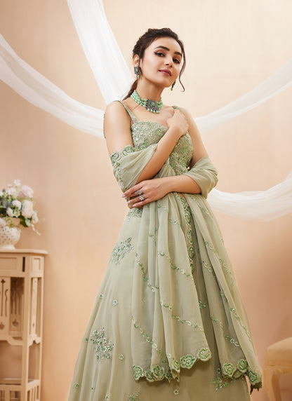 Pista Georgette Embroidered Designer Semi-Stitched Lehenga Choli with Dupatta