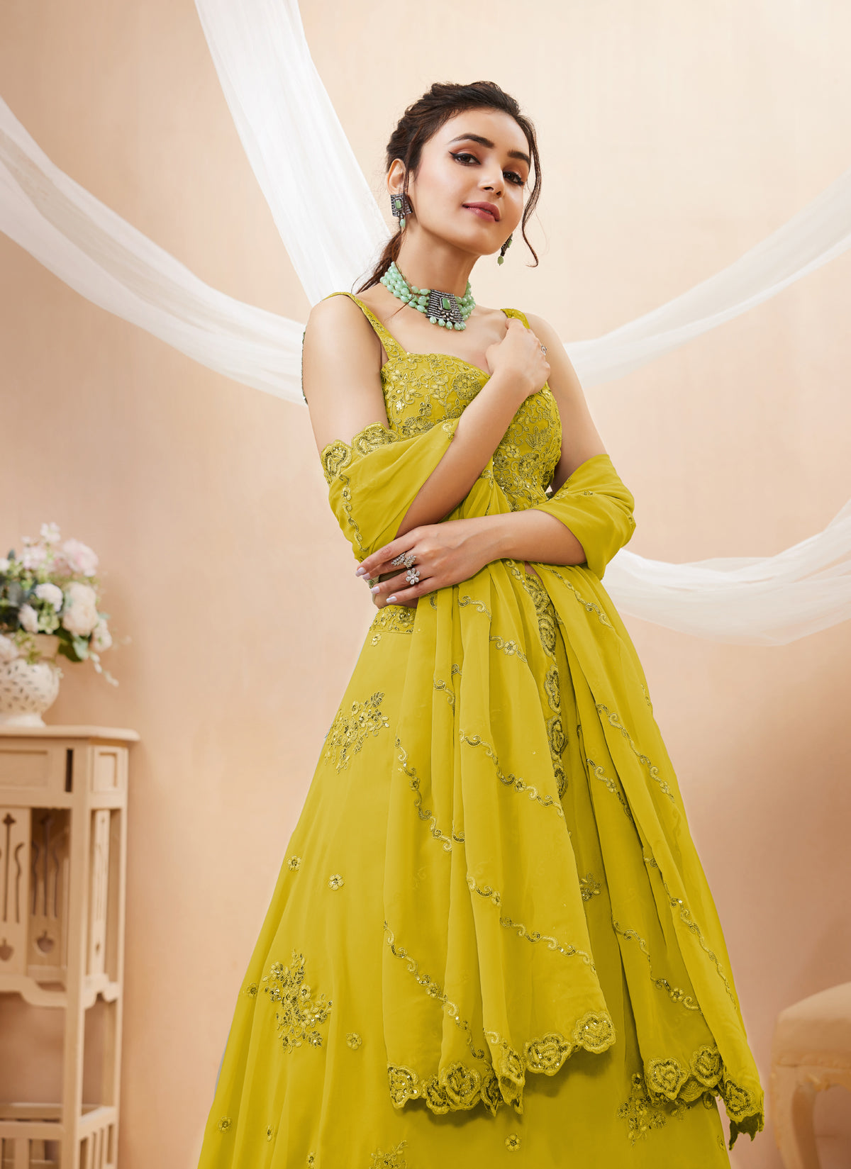 Yellow Georgette Embroidered Designer Semi-Stitched Lehenga Choli with Dupatta