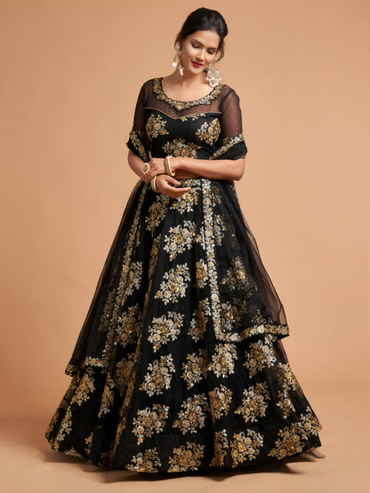 Awesome Black Zari Embroidery Net Party Wear Lehenga Choli