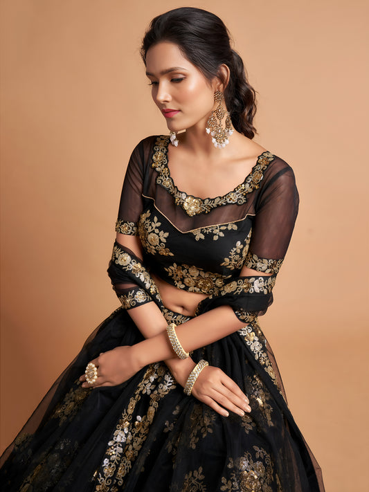 Awesome Black Zari Embroidery Net Party Wear Lehenga Choli
