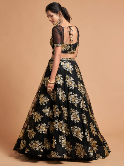 Awesome Black Zari Embroidery Net Party Wear Lehenga Choli