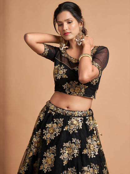 Awesome Black Zari Embroidery Net Party Wear Lehenga Choli