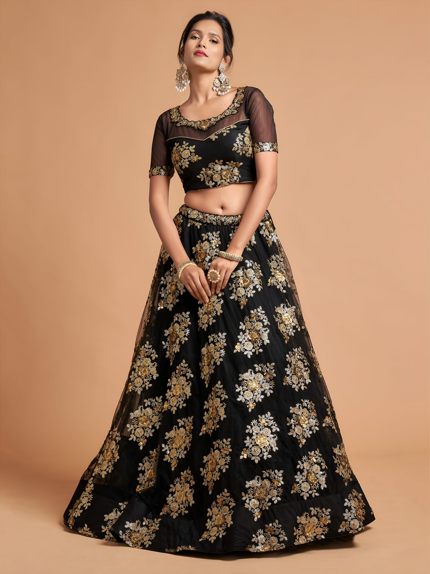 Awesome Black Zari Embroidery Net Party Wear Lehenga Choli
