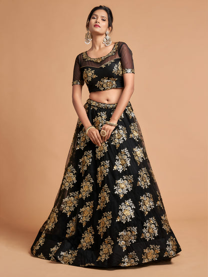 Awesome Black Zari Embroidery Net Party Wear Lehenga Choli