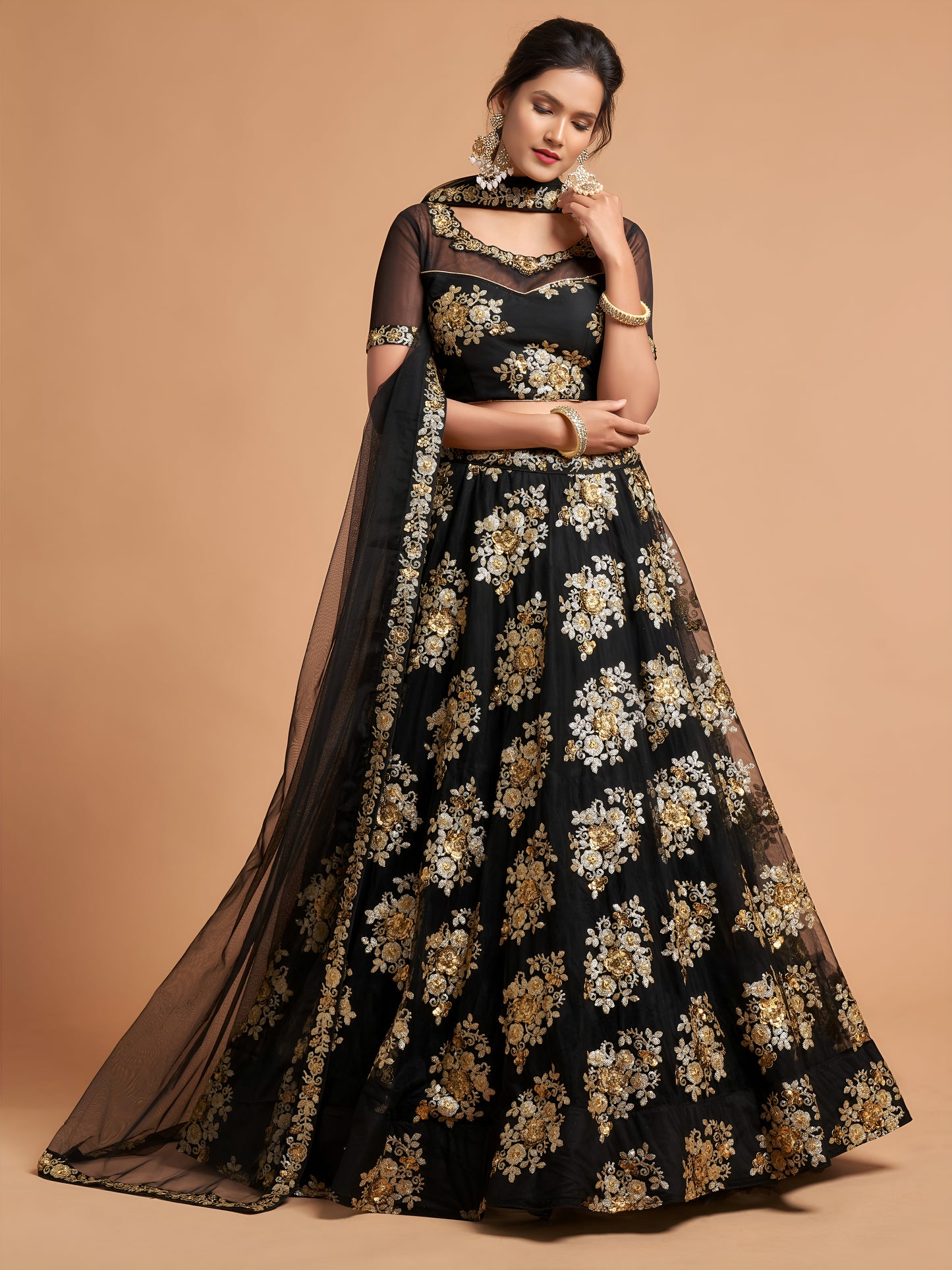 Awesome Black Zari Embroidery Net Party Wear Lehenga Choli