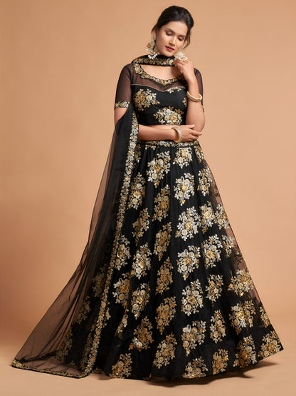 Awesome Black Zari Embroidery Net Party Wear Lehenga Choli