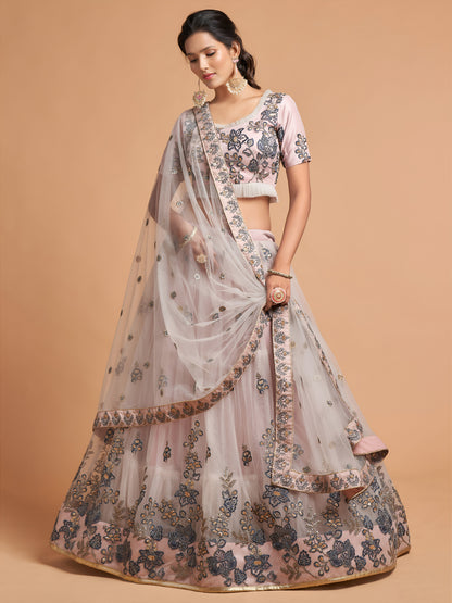 Brilliant Grey Zari Embroidered Net Party Wear Lehenga Choli