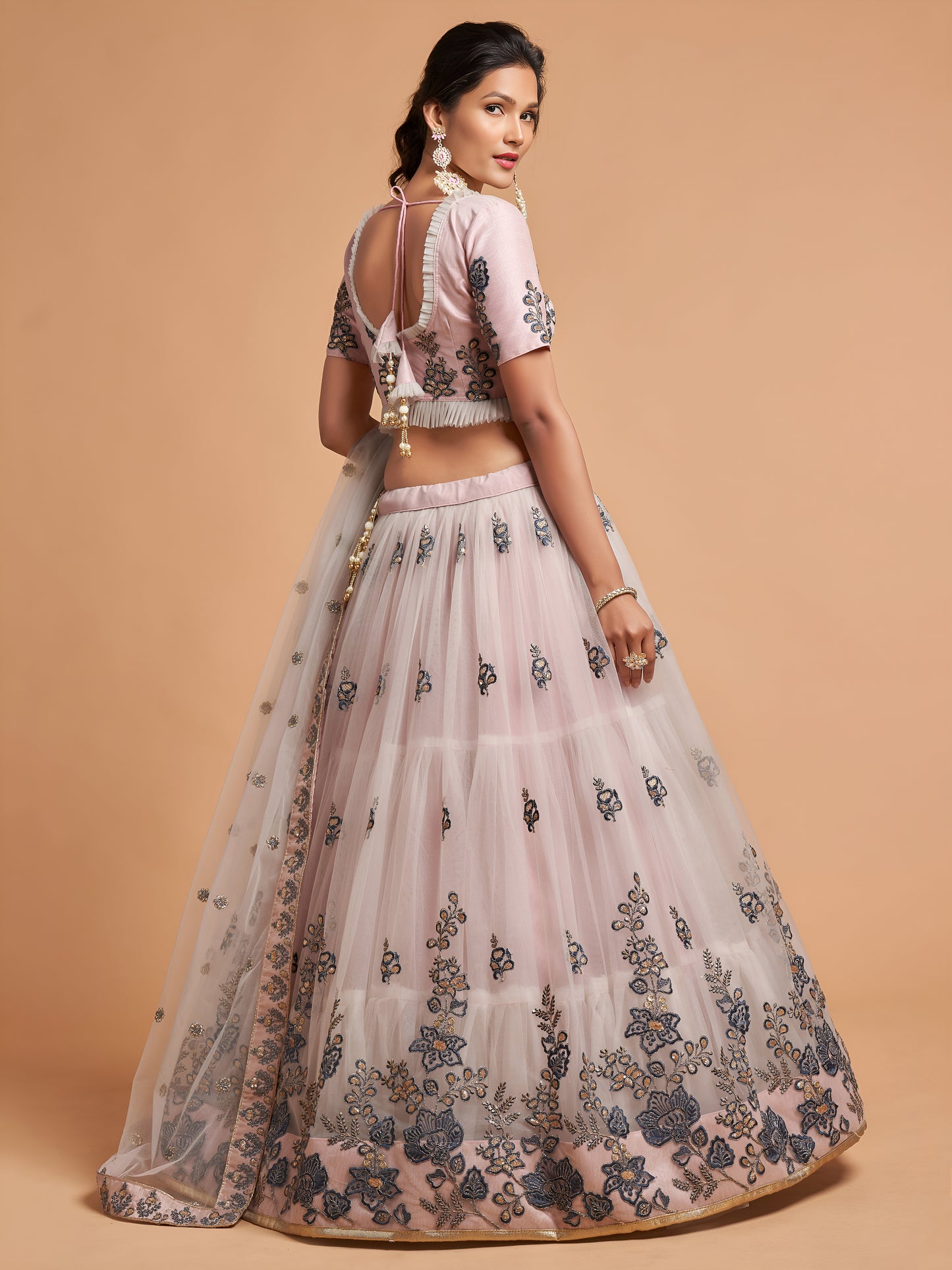 Brilliant Grey Zari Embroidered Net Party Wear Lehenga Choli