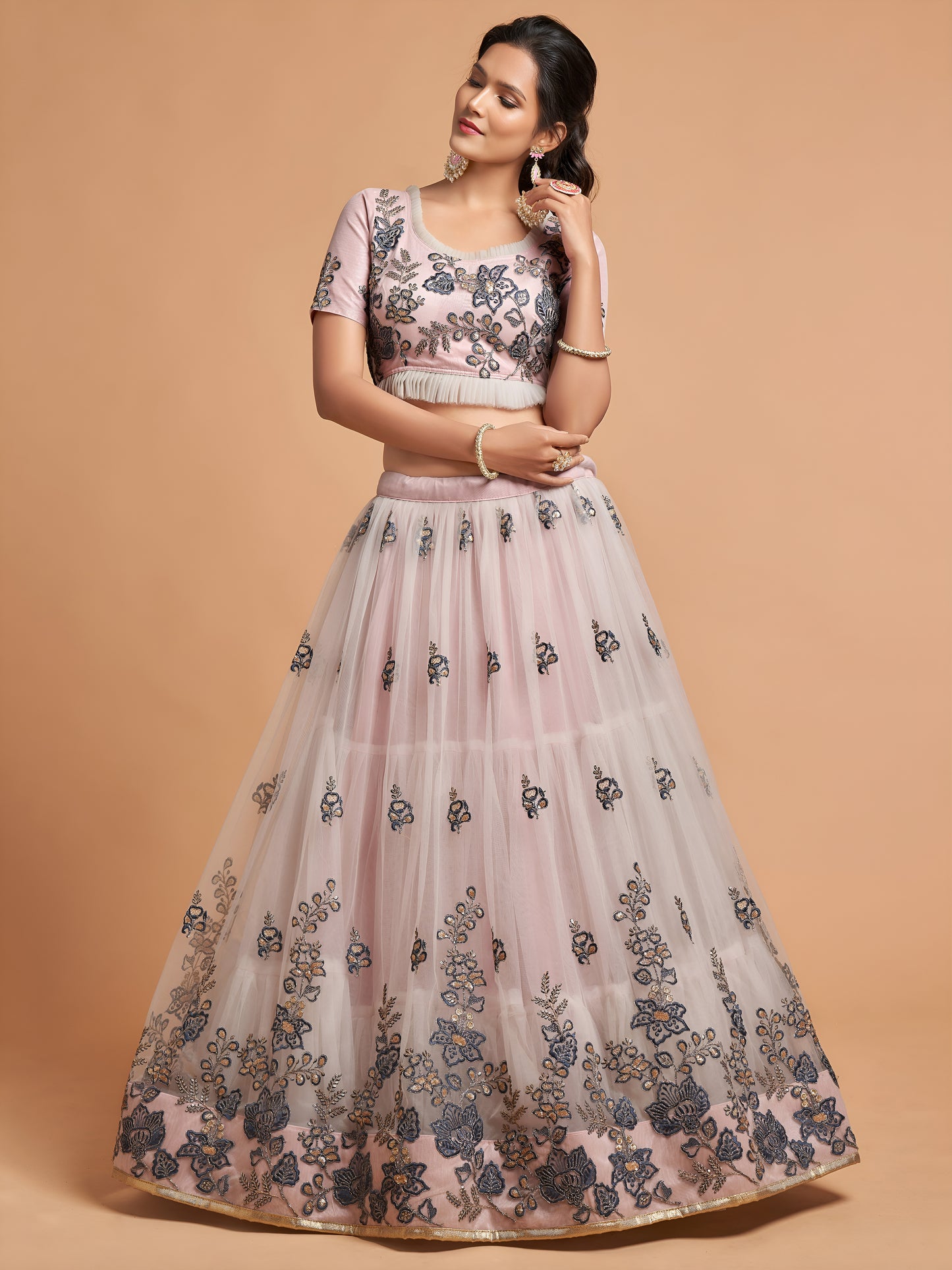 Brilliant Grey Zari Embroidered Net Party Wear Lehenga Choli