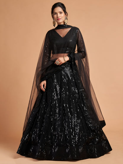 Stunning Black Thread Embroidered Net Party Wear Lehenga Choli