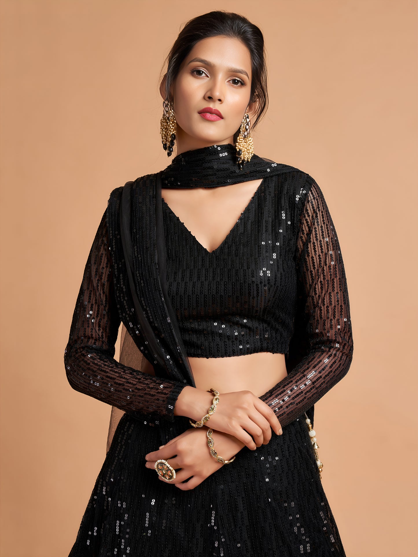 Stunning Black Thread Embroidered Net Party Wear Lehenga Choli