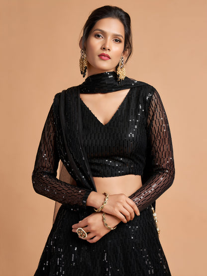 Stunning Black Thread Embroidered Net Party Wear Lehenga Choli