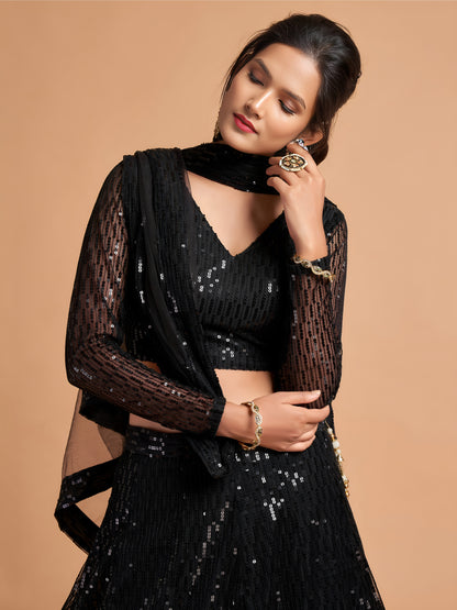 Stunning Black Thread Embroidered Net Party Wear Lehenga Choli
