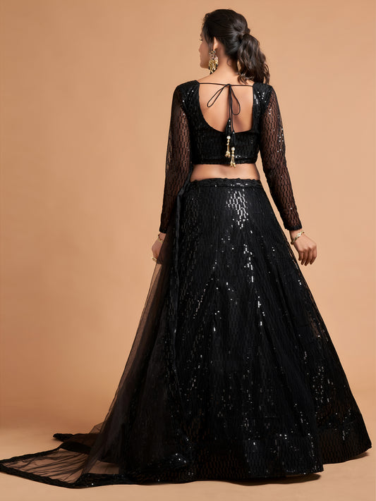 Stunning Black Thread Embroidered Net Party Wear Lehenga Choli