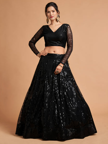 Stunning Black Thread Embroidered Net Party Wear Lehenga Choli