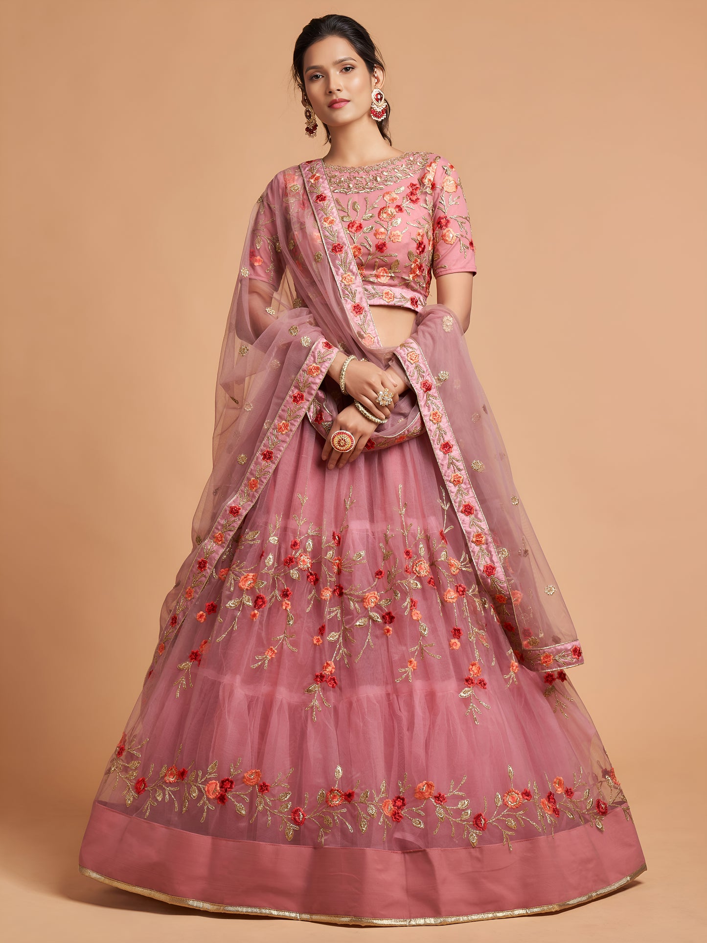 Dusty Pink Thread Embroidered Net Wedding Wear Lehenga Choli