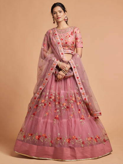 Dusty Pink Thread Embroidered Net Wedding Wear Lehenga Choli