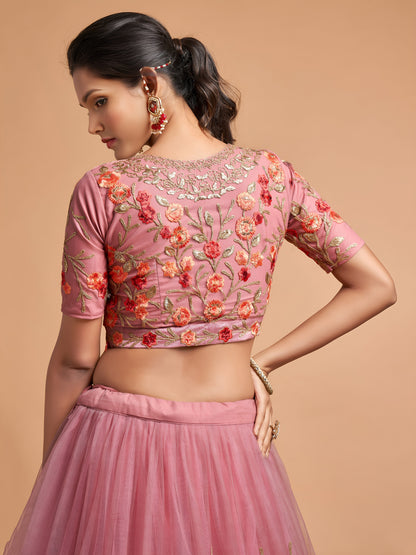 Dusty Pink Thread Embroidered Net Wedding Wear Lehenga Choli